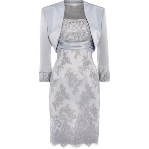 YNQNFS MD8 Real Photos Two Piece With Long Sleeves Jacket Beaded Short Mother of the Bride/Groom Dresses Lace Outfit Silver Grey