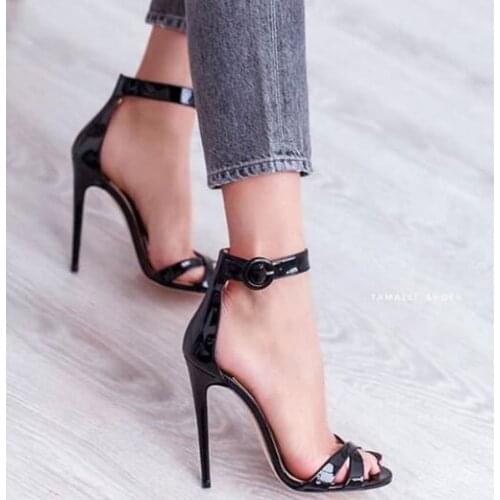 Moraima Snc Black Patent leather High Heel Sandal Summer Peep Toe Ankle Strap Stiletto Shoes Woman Gladiator Sandal