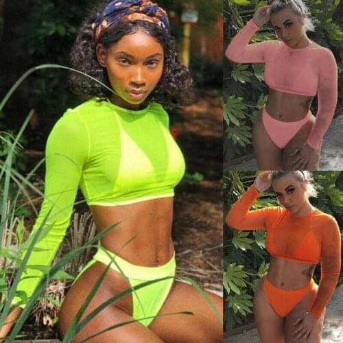 3pcs Women Swimsuits Fluorescent Green Pink Bikini+Cover Up Shirt Swimsuit Ladies Push Up Padded Swimwear Female Bathing Suit