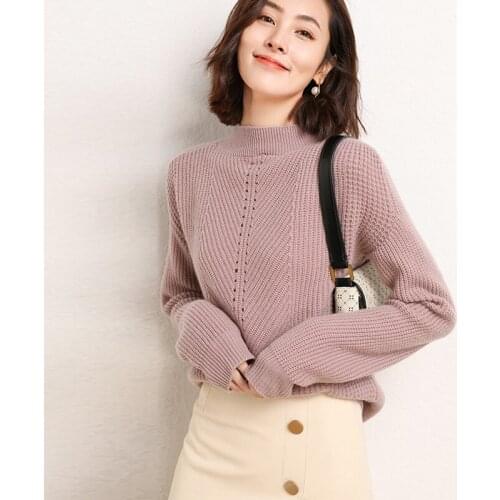 Ladies Pullover 2021 Winter New 100% Wool Sweater Casual Pure Color Cashmere Knit Sweater Half Round Neck Thicken Womens Tops