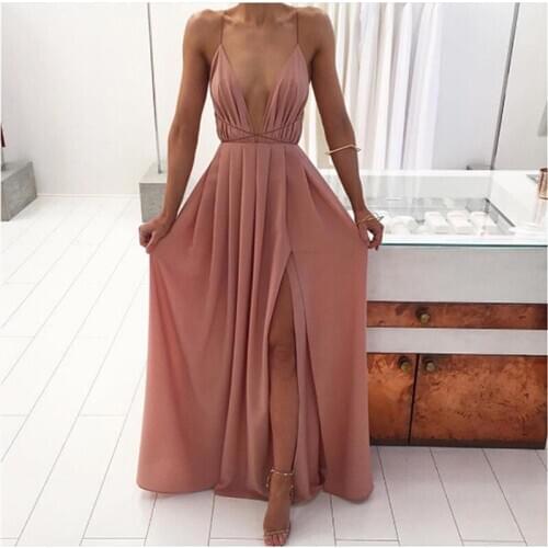 Women Backless Boho Long Dress Bridesmaid Formal Sexy Maxi Dress Summer Sleeveless Party Bandage Slit Dress Vestidos Chiffon
