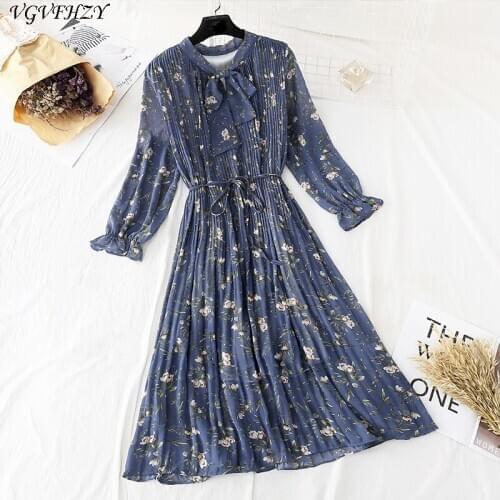 Women Summe Dress 2020 Spring Summer Vintage Floral Print Pleated Chiffon Dress Long sleeve Loose Plus Size Dresses Vestidos