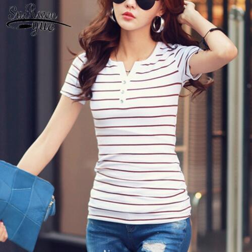 2021 Summer Casual Cotton Tee Shirt T shirts Top Shirts V-neck T Shirt Women Short Sleeve White Strip T-Shirt Plus Size 3188 50