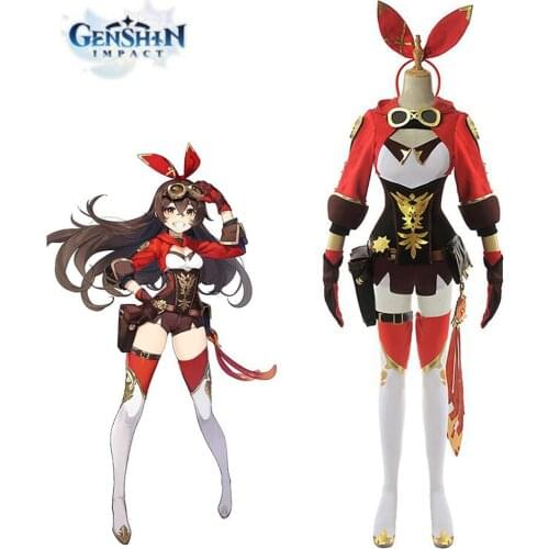 Anime Game Genshin Impact Amber Cosplay Costume Women Red Comtume Halloween Top Pant Uniform Full Set
