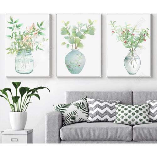 Botanical Green Plants Vase For Living Room Poster Canvas Painting Nordic Scandinavian Modern Wall Picture Home Decor