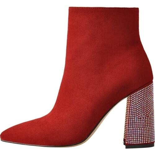 Richealnana Pointed Toe Red Black Minimalistic Stretch Chunky Block Rivet High Heels Side Zipper Thick Ankle Booties Lady Shoes