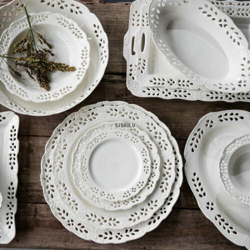 Household White Tableware Dinner Plate Ceramic Serving Nordic Dishes Restaurant Kitchen Porcelain Plate Hollow Classic