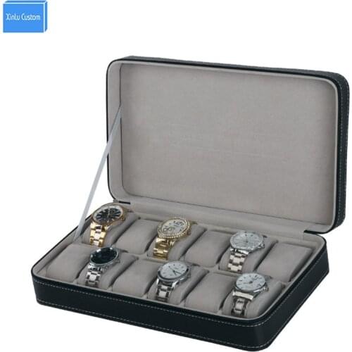 Business/Personal Sport Protect Watches Leather Case 12 Slots Zippered Watch Box Travelers Black Watch Storage Case Organizer