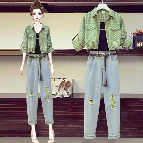 A large number of spot the new spring 2021 big yards dress show thin three-piece 8212 plaid shirt jacket jeans