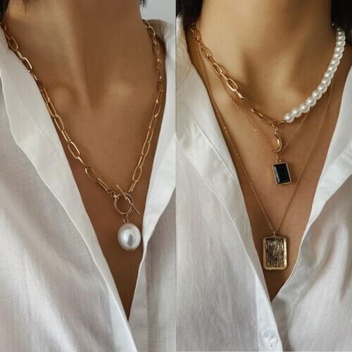 1PC Gothic Baroque Pearl Pendant Choker Necklace for Women Wedding Punk Big Bead Lariat Gold Color Long Chain Necklace Jewelry
