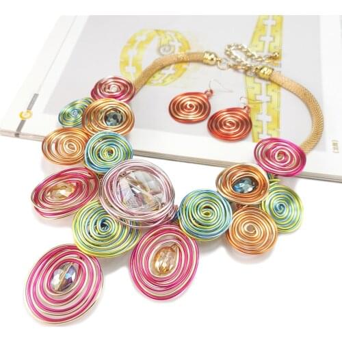 Handmade Statement Necklace Fashion Jewelry Sets With Earrings Luxury Multicolor Crystal Metal Long Pendant Necklaces Set UKMOC