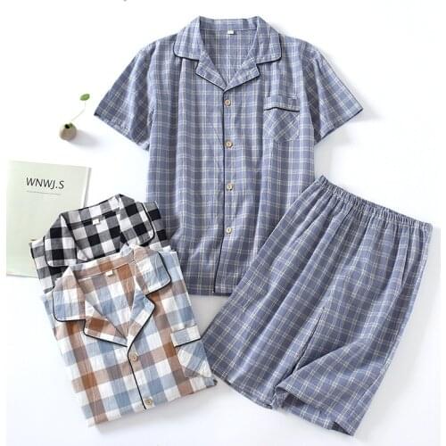 Mens Washed Cotton Short-sleeved Shorts Pajamas Thin Summer Cotton Loose Sweat-absorbent Breathable Suit Pijama Japones Hombre