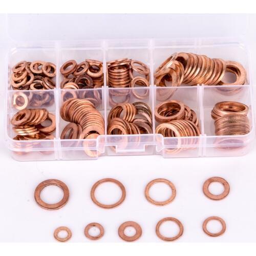 200pcs Copper Washers Gasket Set Flat Ring Seal Assortment Kit M5-M14 with Box For Hardware Accessories