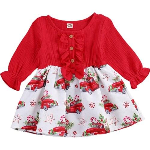 Infant Newborn Baby Girl Long Sleeve Dress, Bow Decoration Elastic Cuffs Red Cartoon Car Print Spring Clothing