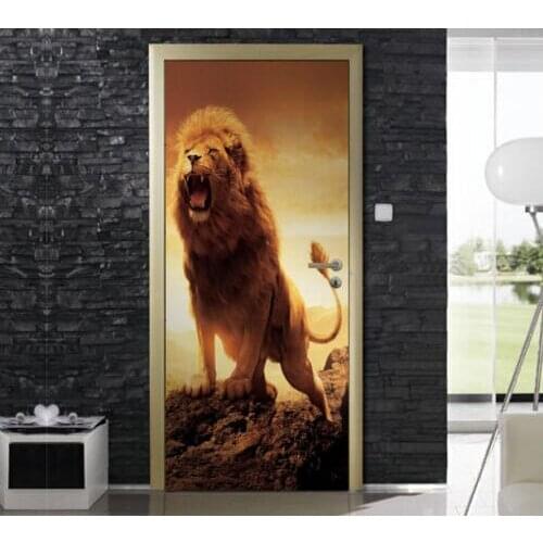 Hot Door Mural Lion Roar New Animal Door Sticker DIY Self-adhesive Waterproof Wallpaper Poste for Home Decoration Gift
