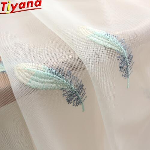 Luxury Feathe Embroidered Tulle Curtains For Living Room Embroidery Pink Blue Curtains White Sheer for Bedroom Kitchen WP056 *GI