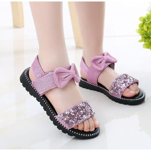 Children School Shoes Big Girl Beach Gladiator Sandals For Kids Summer Shoe Little Girl Flat Fashion Glitter Bow Princess Sandal