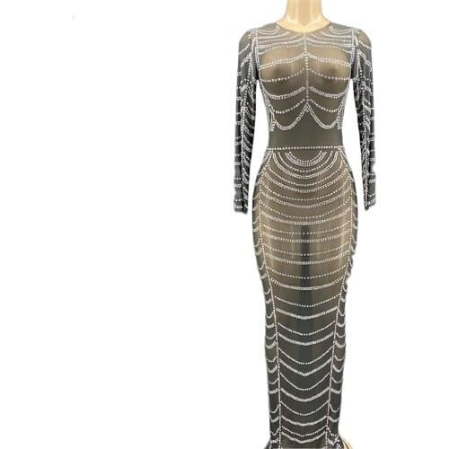 Sexy Black Mesh Sparkly Silver Rhinestones Transparent Long Dress Women Evening Birthday Party Celebrate Outfit Dance Costume