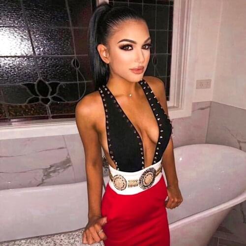 Seductive Colorblock Rivet Beading Bandage Femme Sexy Dress Vestidos Deep V Neck Crisscross Strap Backless Mini Bodycon Dress