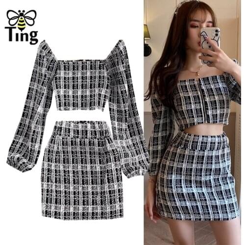 Tingfly Vegan Casual Long Sleeve Crop Top and Skirt with Zipper Summer Spring Elegant Outfits Fall Women Two Piece Skirt Set