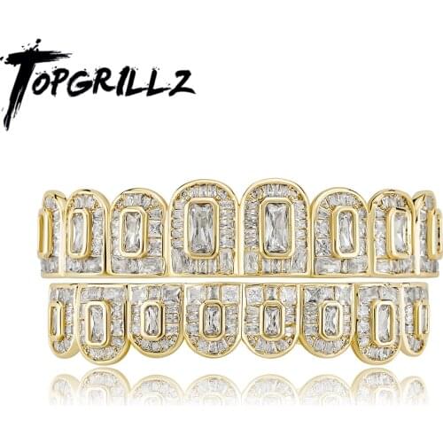 TOPGRILLZ 2021 New Baguette Set Teeth Grillz Full Iced Micro Pave Cubic Zirconia 14K White Gold Hip Hop Jewelry For Men Women