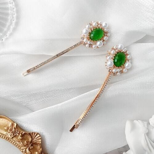 Hair Clip for Women Retro Luxury Green Crystal Hairpin Pearl Elegant Exquisite Fashion Hair Pin Jewelry Accessorie Wholesale