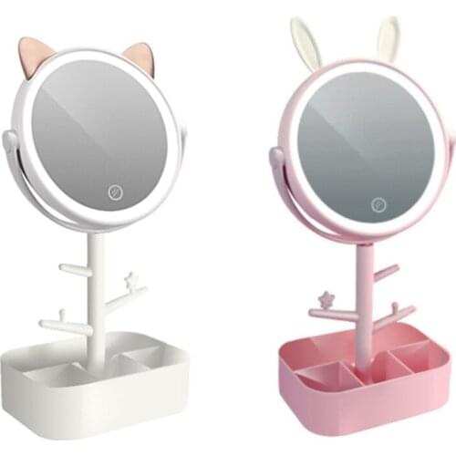 Makeup Mirror Desk Lamp, 3 in 1 USB Charging Lighted Makeup Vanity Mirror Desk Lamp Storage Creative Cartoon Pet Style