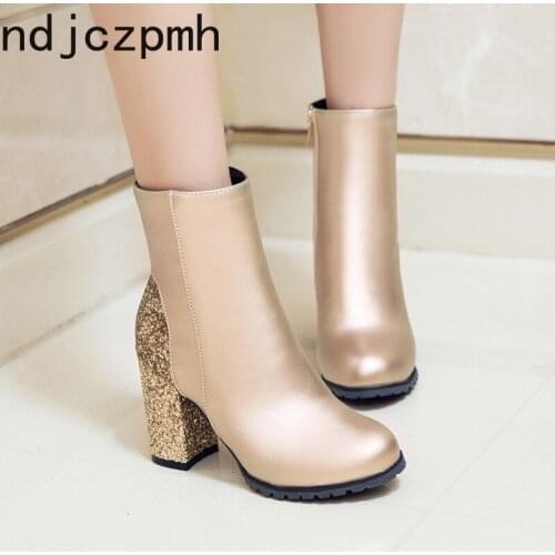 Womens Boots The New winter fashion Sequin zipper High heel Short tube Martin Womens shoes plus size 31-50 Heel Height 8.5cm