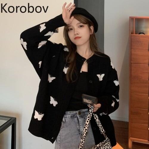 Korobov 2021 New Arrival O Neck Long Sleeve Women Cardigans Preppy Style Butterfly Single Breasted Sweaters Harajuku Japanese