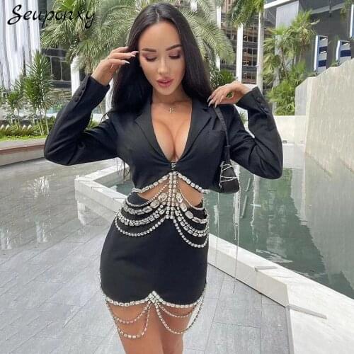High Quality Autumn 2021 WomenS Deep V-Neck Short Slim Fit Set Sexy Draped Diamond Chain Cardigan Jacket 2 Two-Piece Set