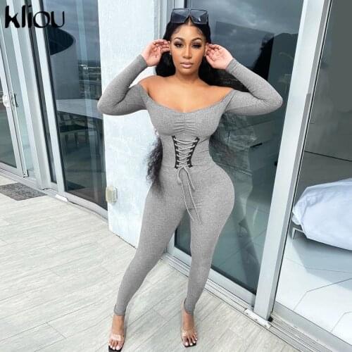 Kliou Knitted Striped Bodycon Bandage Jumpsuit Women Classic Streetwear Sexy Off Shoulder Skinny Slim Active Workout Outfits