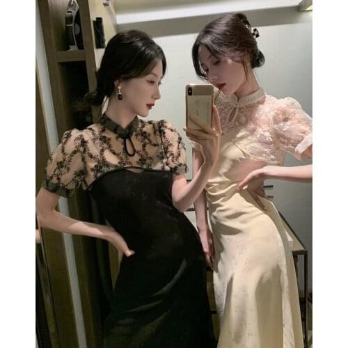 Sexy Dress Chinese Traditional Costumes for Women Slim Hollow Out Dresses Elegant Lace Summer Cheongsam Solid Color Wedding