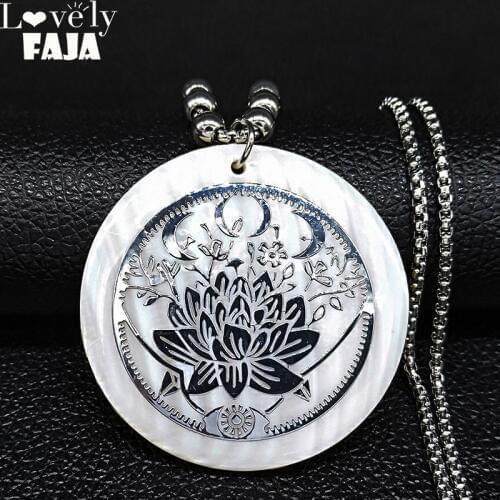 2021 Moon Lotus Flower Shell Stainless Steel Chain Necklace Women Silver Color Big Long Necklace Jewelry collares largos N20071