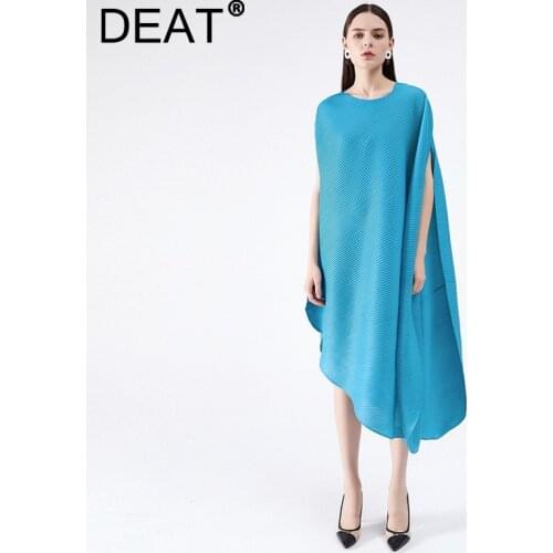 DEAT Woman Pleated Midi Dress Solid Asymmetry Round Collar Short Sleeve Casual Style Loose Elastic 2021 Summer Fashion 15JK229B