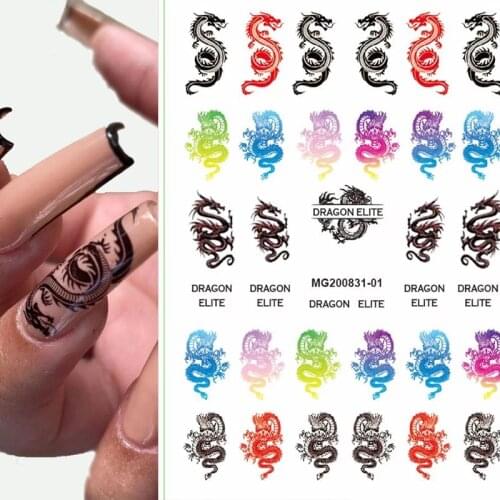 1 Sheet 3D Nail Stickers Decals Red Black Colorful Dragons Design Waterproof Adhesive Stickers Nail Art Decoration