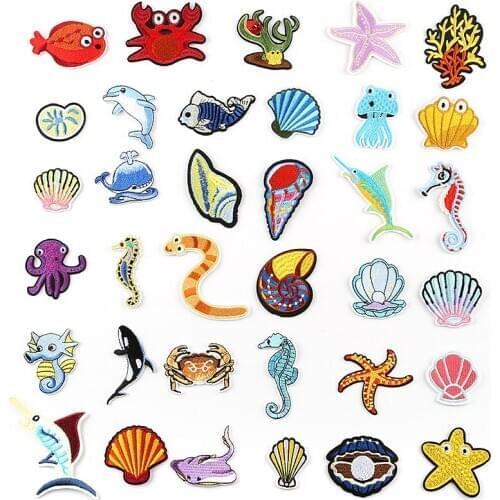 100pcs/lot Embroidery Patches Clothing Decoration Accessories Sea Animal Seafood Fish Shell Diy Iron Heat Transfer Applique