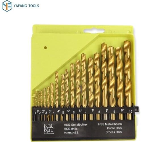 19pcs/set Twist Drill Bit 1.0-10mm Titanium Coated HSS Gun Drill Bit Round Shank Wood Plastic Metal Hole Drilling Cutter