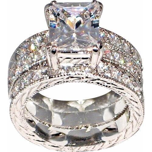 Sparkling Vintage Jewelry 10KT White Gold Filled Princess Cut 5A Cubic Zirconia party Women Wedding 3 IN 1 Band Ring Set Gift