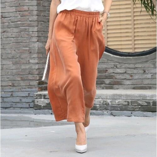 Bronze spandex trousers for women with large elastic waist, casual wide legs and nine-minute trousers J201904000018
