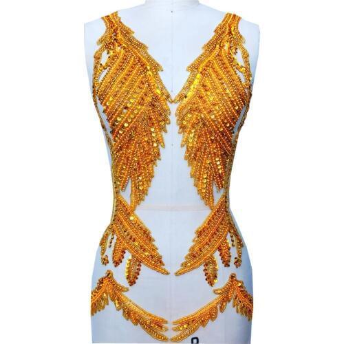 Handmade beads rhinestones applique golden yellow sew on patches for dress accessory