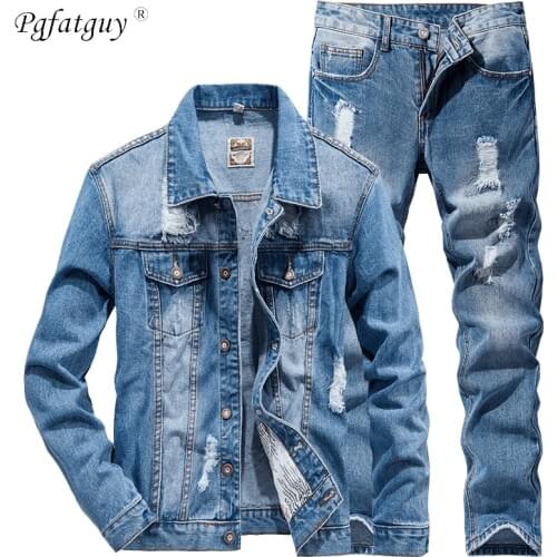 2021 New Mens Sets Spring Autumn Fashion Casual Men Ripped Hole Long Sleeve Denim Jacket + Jeans 2 Piece Set Couple Denim Suit