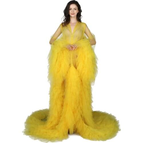 Elegant Yellow Evening Dresses Robes for Photo Shoot Baby Shower Long Sleeves Ruffle Women Dress Photography Robe Real Images
