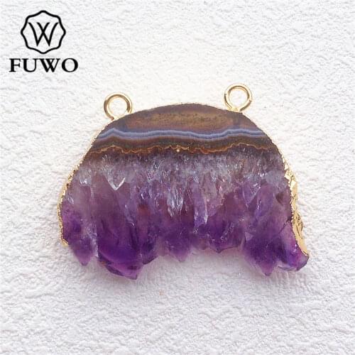 FUWO Natural Amethystine Quartz Slice Pendant 24K Gold Electroplated Double Loops Purple Crystal Jewelry Wholesale PD034