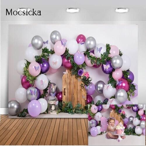 Purple Butterfly Theme Birthday Cake Smash Portrait Backdrop for Photography Newborn Kids Portrait Background Party Balloons