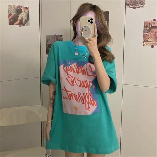 Oversized Tshirt Summer 2021 Letter Printing Loose Long Wild Short Sleeve T-Shirt Top Women Korean T-Shirt Women