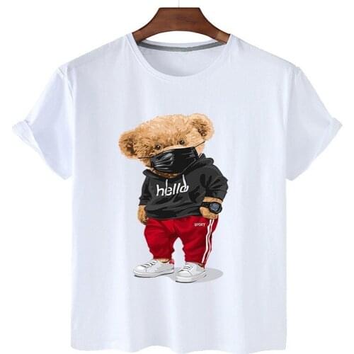 100% Cotton Sports Mask Bear Print Short-sleeved T-shirt Female Half-sleeved Summer Casual Oversized T-shirt Ladies Shirt S-4XL