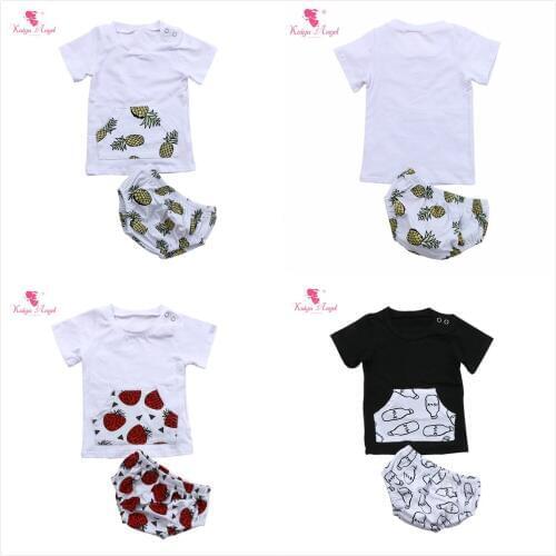 Kaiya Angel 0~24M Baby Boys Clothes Sets Solid Tops With Floral Pocket + Fruit Printed Shorts Casual Children Summer Style Suits
