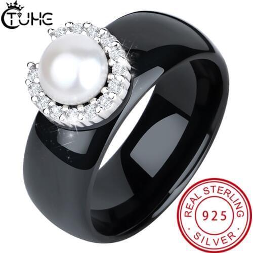 S925 Sterling Silver Rings for Women Real Pearl Ring Gemstone Ceramic Romantic Gift Engagement Jewelry