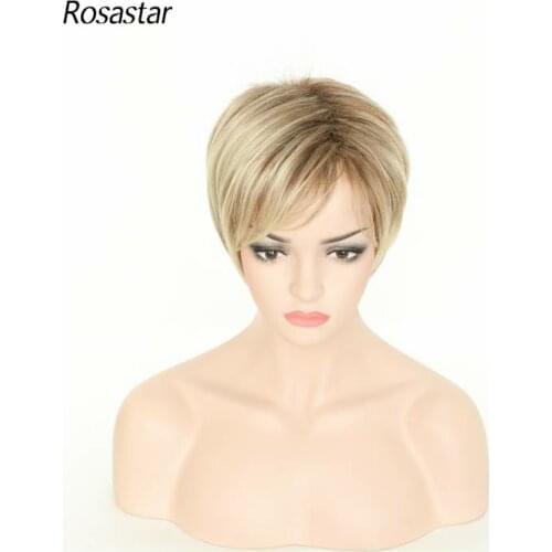 Rosa Star Short Wig Ombre Brown Mixed Blonde Hair Wigs Natural Curly with Bangs Heat Resistant Wig for Women 6 inch