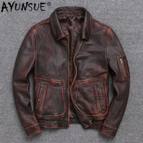AYUNSUE 100% Cow Leather Jacket for Men style of Moto & Biker Vintage Slim 2020 Spring New Fashion Turn-down Collar V-17022C